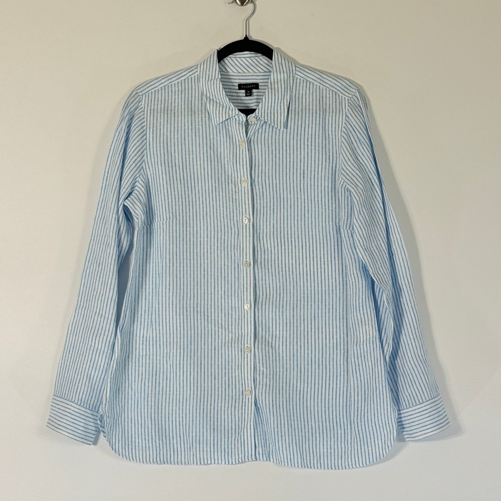 Talbots Womens Medium Shirt‎ Stripe Coastal Old Money Blue White Nautical Linen